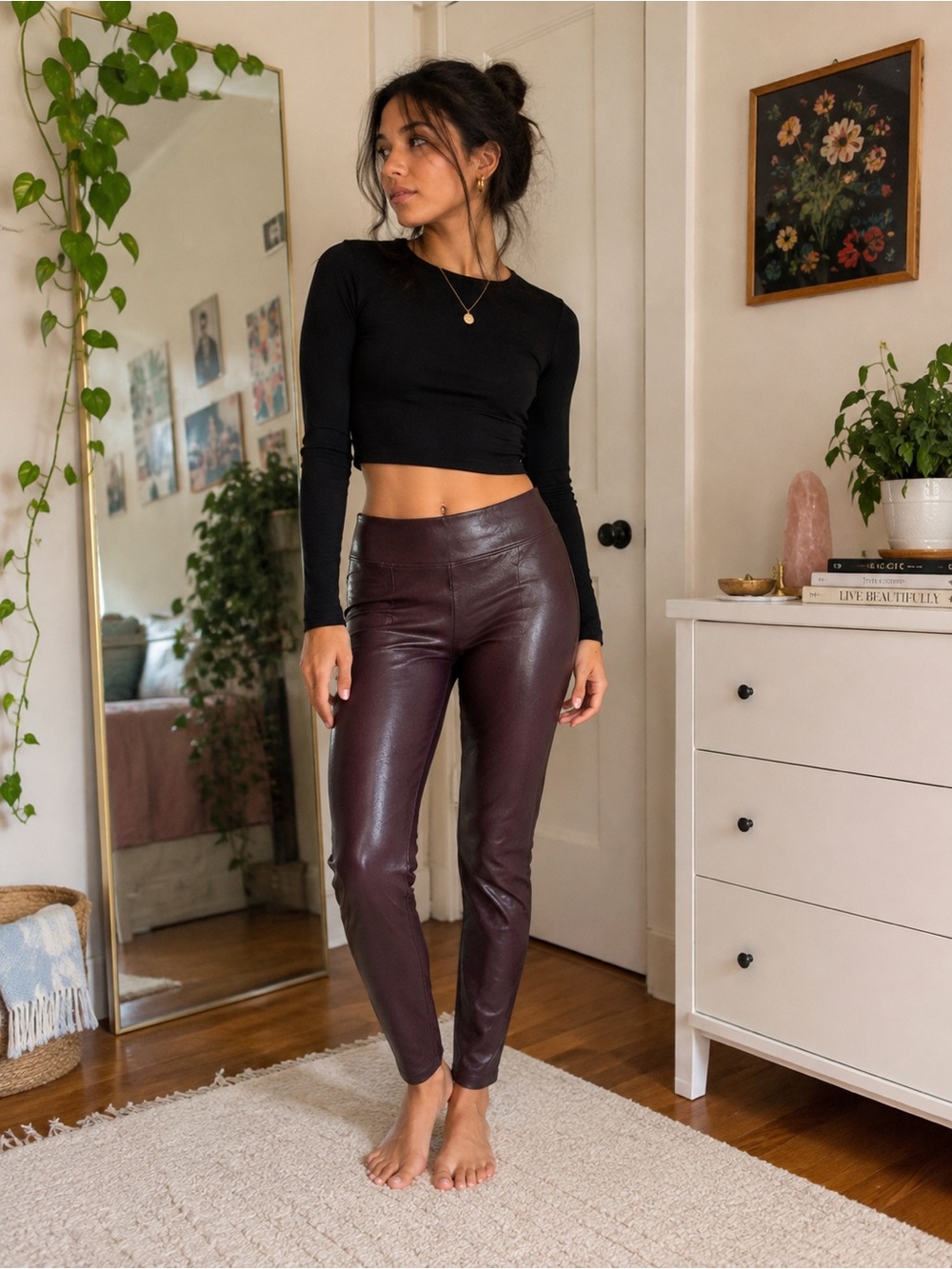 SPANX Faux Leather Leggings M Bronze Brown High Rise Skinny 26.5” Inseam